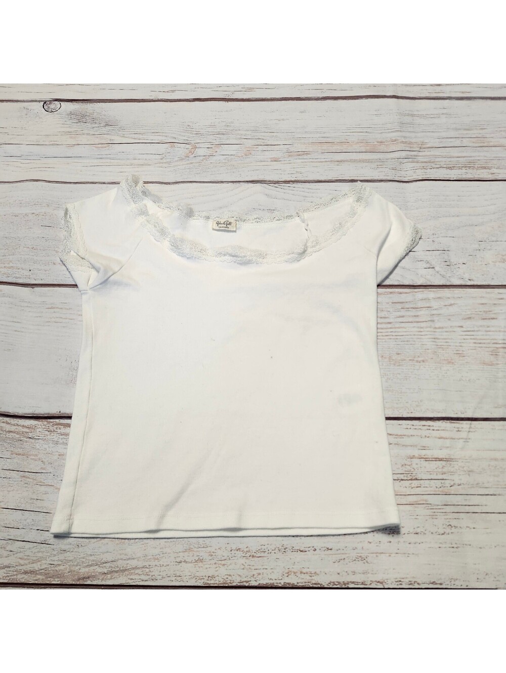 John Galt White Lace Trim Short Sleeve Top Small